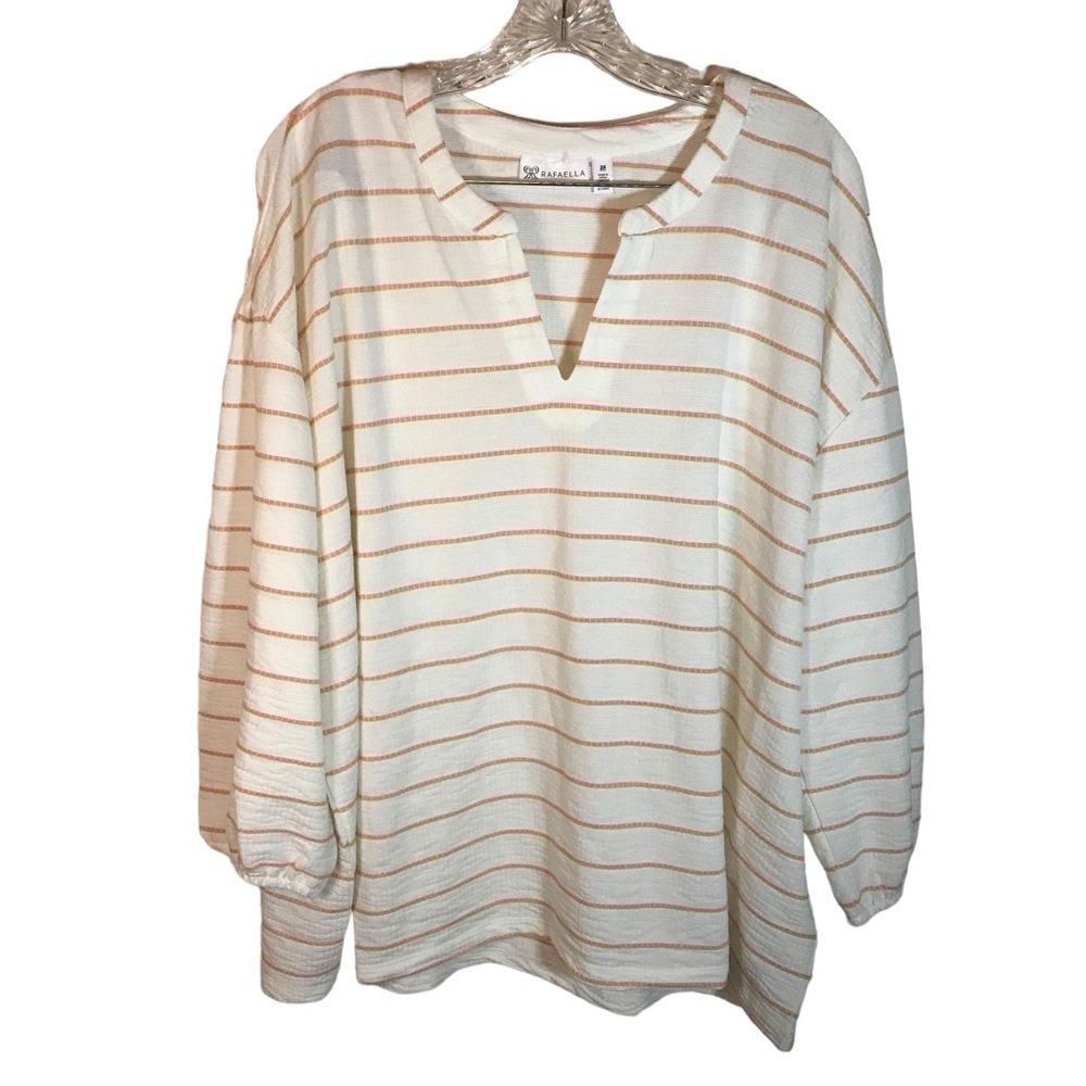 Rafaella blouse top women 2X cream  pink striped 3/4 sleeve split V-neck NWT